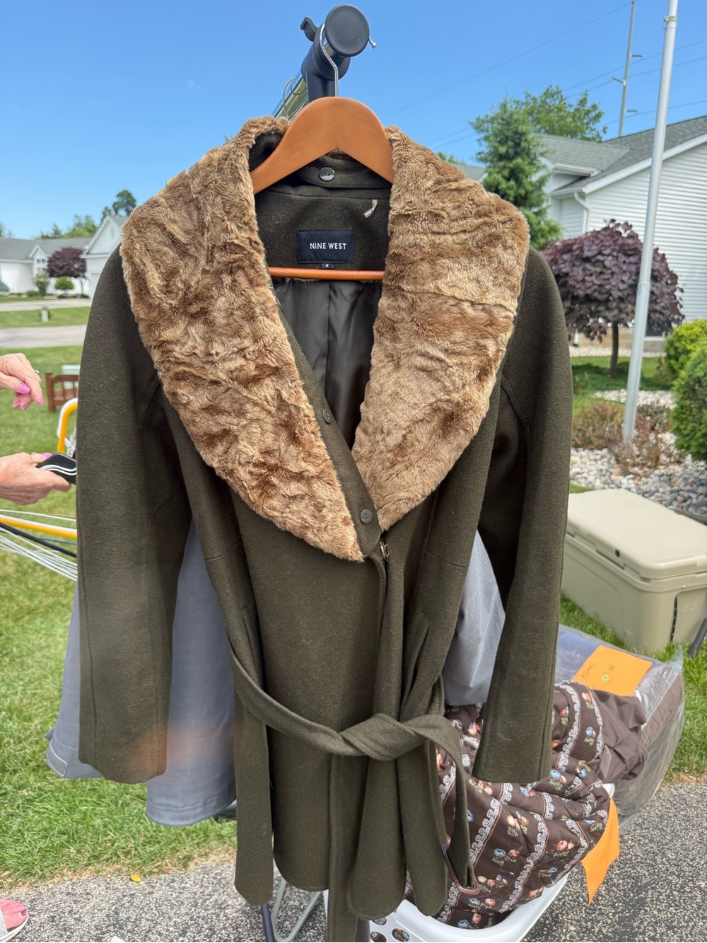 Nine West Olive Green Wrap Coat with Brown Faux Fur Shawl Collar